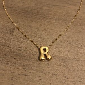 Gold Tone Bubble Letter R Initial Necklace - Pendant Is 18K Gold Plated